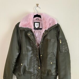 GAP Women's Olive Bomber Jacket with Soft Pink Interior